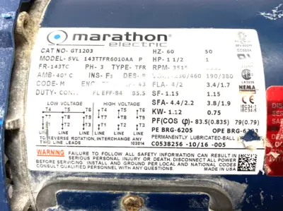 Used Marathon Electric 3-Phase Electric Motor 143TC Frame 3515 Rpm 1-1/2HP A.C. Motors Michigan US | Maverick Industrial Sales #1397249