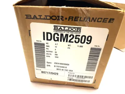 NEW BALDOR RELIANCE RIGHT ANGLE GEARMOTOR, 0.38HP, 3-PH, 75:1 RATIO