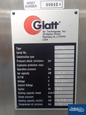 USED Glatt Glatt GPCG 1 Fluid Bed Dryer Granulator, S/S