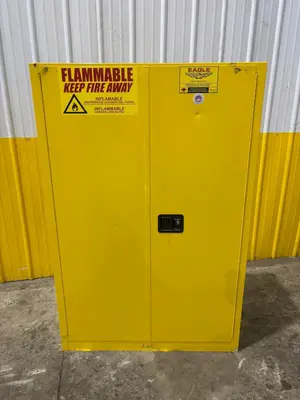 45 GALLON X 2 DOOR EAGLE FLAMMABLE MATERIALS MODEL #4510X STORAGE CABINET, 43” X 18” X 65” HIGH: YOBRO  #24507