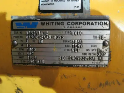 5 TON WHITING TOP RUNNING DOUBLE GIRDER TROLLEY HOIST. STOCK #0319622