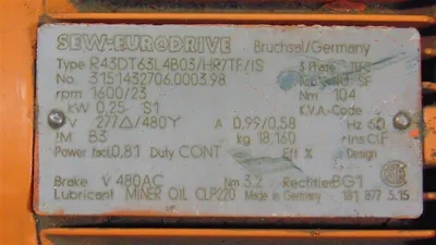 0.25kW SEW Eurodrive R43DT63L4B03/HR/TF/IS Geared Motor 277/480V 1600 RPM Used