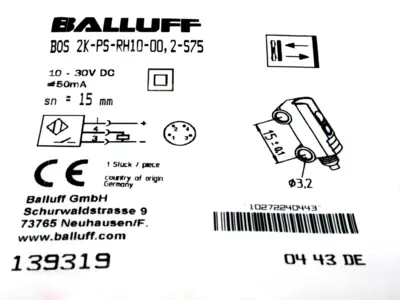 NEW BALLUFF 139319 PHOTOELECTRIC SENSOR BOS 2K-PS-RH10-00,2-S75
