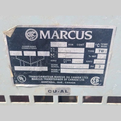 Used MARCUS TRANSFORMERS MAT75B3 Distribution Transformers British Columbia CA | Savona Equipment LTD #1291754
