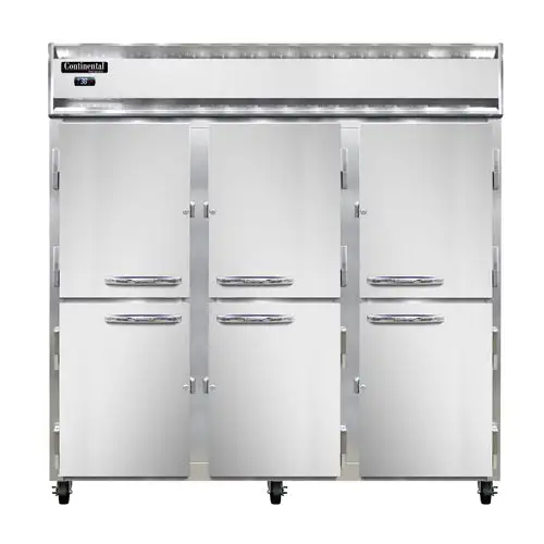 Continental 3RNHD 78" Three Section Reach In Refrigerator, (6) Left/right Hinge Solid Doors, Top Compressor, 115v