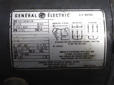 1/6 HP General Electric 5K39EN54B AC Motor 230/460V 3Ph 1725RPM 60Hz 1.15SF Used