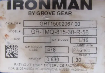 NEW GROVE GEAR GR-TMQ-815-30-R-56 GEAR REDUCER 30:1 GRT21001043.00