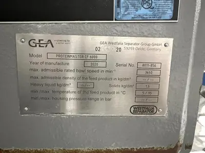 USED 2020 GEA WESTFALIA PROTEIN MASTER CF 6000