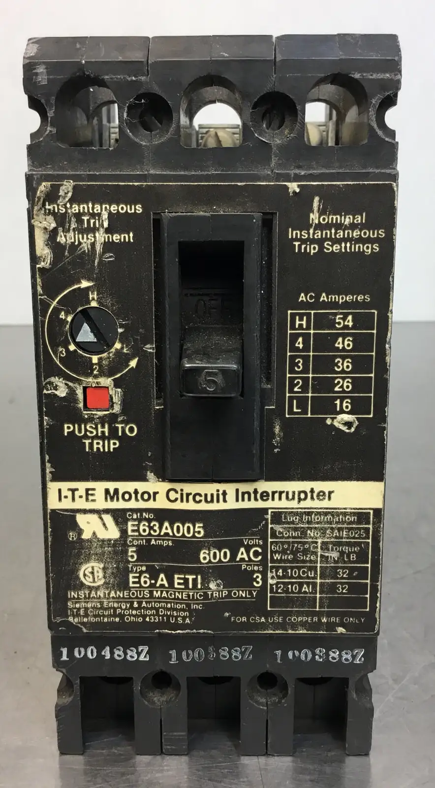 SIEMENS I-T-E Circuit Interrupter E63A005 5A 3 Pole 600VAC 4F