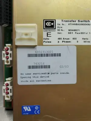 Used Cutler-Hammer ATC-400 (6D32313G01) Transfer Switch, 480V, 800A, 60Hz Switchgears South Carolina US | Palmetto Automation #1541674