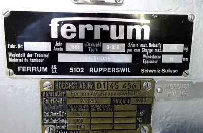 Ferrum DSZ-O 1250/630 perforate basket centrifuge, 316L SS.