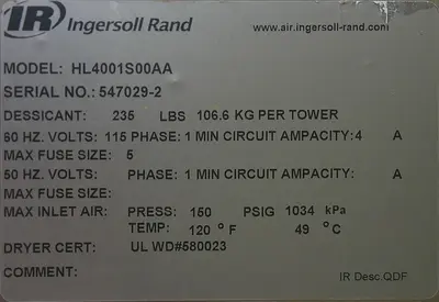 SPC9314  Compressor Ingersol Rand air dryer model HL4001S00AA, 400 cfm