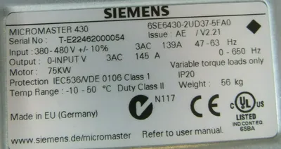 NEW SIEMENS 6SE6430-2UD37-5FA0 MICROMASTER 430 DRIVE 100HP 6SE64302UD375FA0
