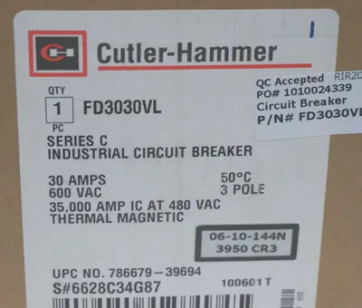 NEW CUTLER HAMMER FD3030VL CIRCUIT BREAKER SER. C, 30A, 600VAC, 3 POLE