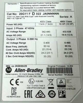 ALLEN BRADLEY 20G11FD022JA0NNNNN POWERFLEX 755 SER. A 15HP UNUSED SURPLUS