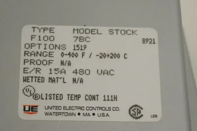 NEW UNITED ELECTRIC F100-7BC TEMPERATURE SWITCH F1007BC