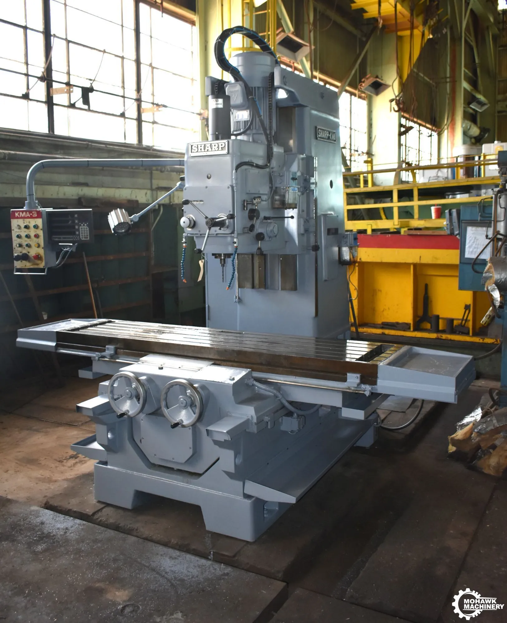 KMA-3 SHARP HEAVY-DUTY BED TYPE VERTICAL MILL - 20" X 87" Table - Align Power Draw Bar - NST 50