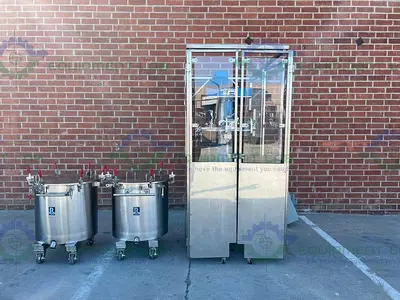 USED ROSS M 40 STAINLESS STEEL SINGLE SHAFT MIXER W/ TWO 40 GALLON TANKS