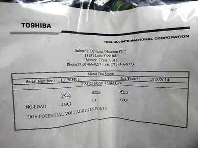 2 HP Toshiba B0024FLF1BMHD02 Induction Motor 460V 1735 RPM 4 Pole New