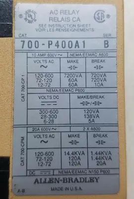 ALLEN BRADLEY AC RELAY 700-P400A1 SER B