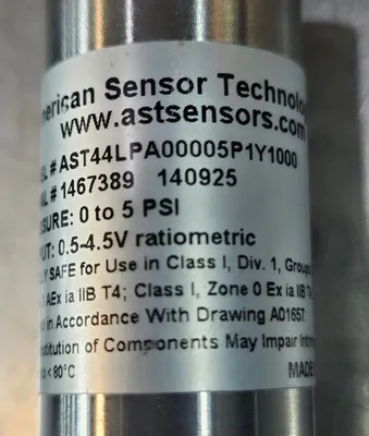 AST 44LPA00005P1Y000 Pressure Sensor. 0 to 5PSI. Loc5E-16