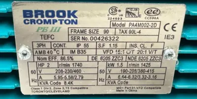 NEW BROOK CROMPTON PA4M002-2D MOTOR 3PH 1800RPM 90L