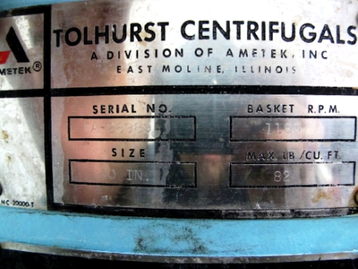 Tolhurst 40 x 24 perforate basket centrifuge, SS.