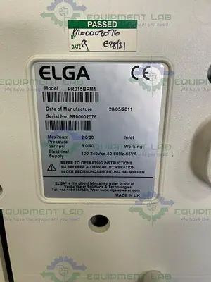 USED ELGA PR015BPM1 PURELAB PRIMA 15 WATER PURIFICATION SYSTEM W/ 25L ELGA LA611 TANK