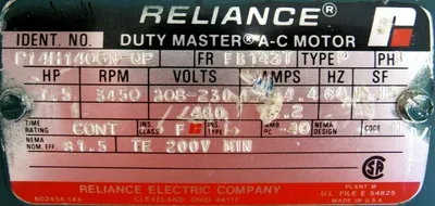 NEW RELIANCE ELECTRIC P14H1406N-QP MOTOR 1.5HP 3450RPM 208-230/460V 2"x7/8"