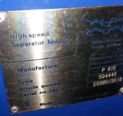 Alfa-Laval P-615 fuel/lube oil purifier, 316SS.