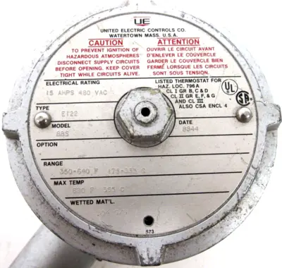 NEW UNITED ELECTRIC E122-8BS TEMPERATURE SWITCH 350-640F E1228BS