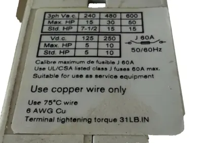 USED EATON R9J3060FJ FUSIBLE ROTARY DISCONNECT 60A 3POLES 600VAC