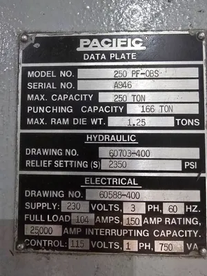 Used PACIFIC 250 PF-0BS High Speed Production Presses Michigan US | iGAM Industrial Marketplace #471080