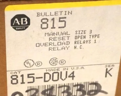 NEW ALLEN BRADLEY 815-D0V4 SER.K MANUAL SIZE 3 RESET OVERLOAD RELAY 815D0V4