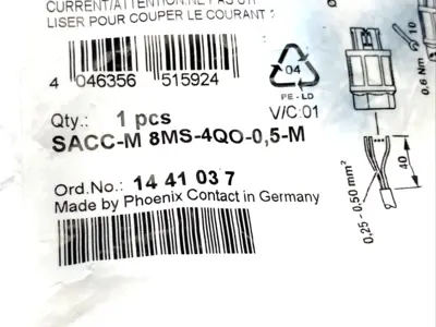 SACC-M 8MS-4QO-0,5-M,1441037 | Phoenix Contact SACC-M 8MS-4QO-0,5-M Connector M8 4-Pin Male 1441037 - New