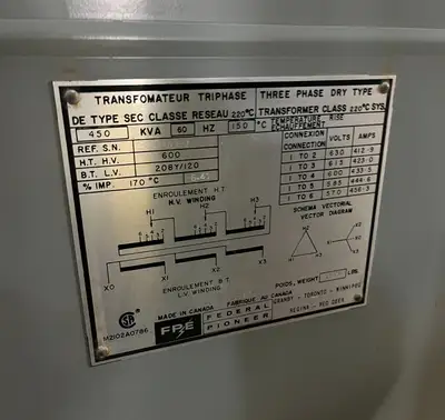 450 kVA Transformer, 600 pri. volts, 208Y/120 sec. volts