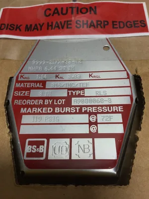 BS&B Safety System A9080068-3 Rupture Disk 3″ Type RLS 119 PSIG @72F