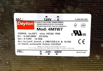NEW DAYTON 4MTW7 ISOLATING TRANSFORMER