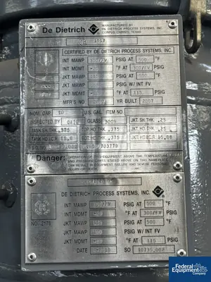 USED De Dietrich 10 Gal DeDietrich Glass Lined Reactor, 300/115#