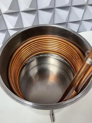 USED 21' COILED SPIRAL COPPER WIRE FOR IMMERSION 3/8" OD W/ 12 LITER VESSEL 10" SANITARY FITTING