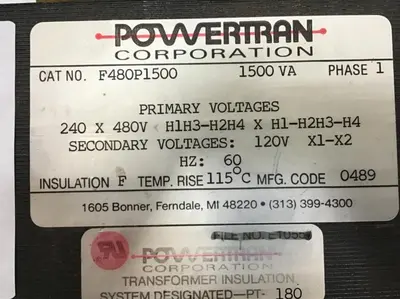 Used POWERTRAN F480P1500 Transformers Michigan US | Ideal Machinery #1260325
