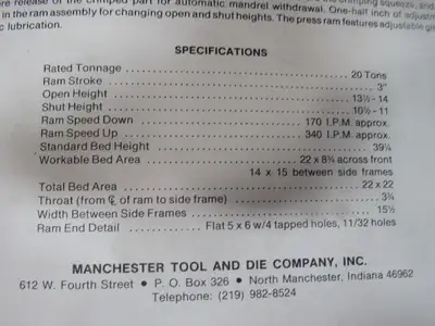 Manchester 6000 20 Ton Capacity Hydraulic Crimping Press 3" Stroke