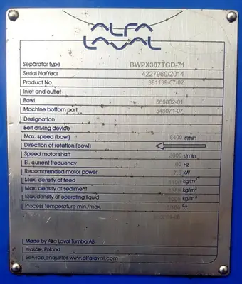 (2) Alfa-Laval BWPX 307 TGD-71 oil concentrator modules, SS.