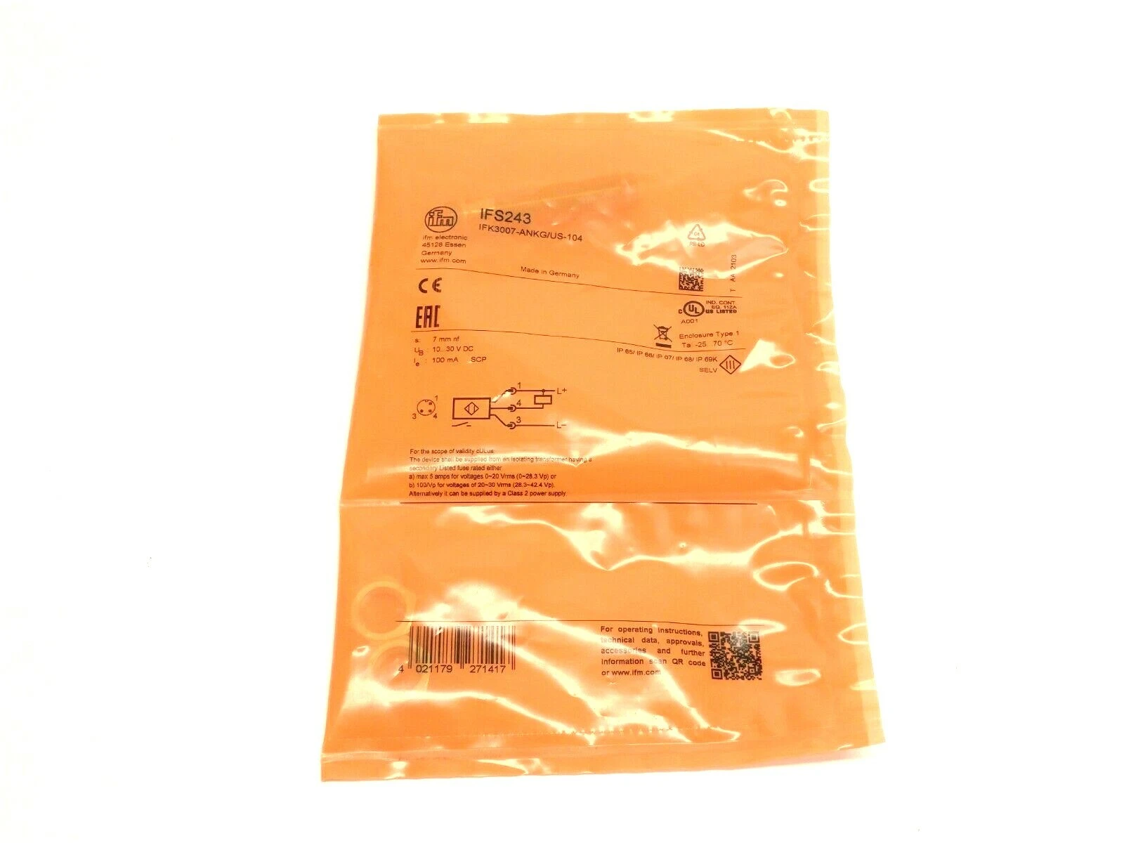 IFS243, IFK3007-ANKG/US-104 | ifm IFS243 Inductive Proximity Sensor 10-30VDC IFK3007-ANKG/US-104 - New