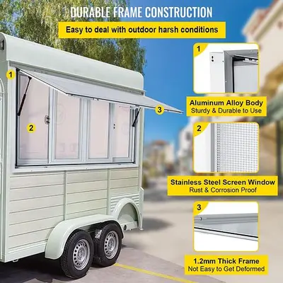 60 x 36" Concession Window  with 4 Horizontal Sliding Screen Windows & Awning Door & Drag Hook, Serving Window for Food Trucks Concession Trailers