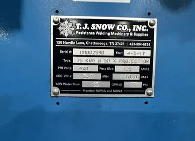 2017 TJ SNOW 75 KVA SPOT WELDER