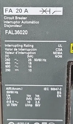 Square D FAL36020 Molded Case Circuit Breaker 20A 3 Pole. Loc5E-17
