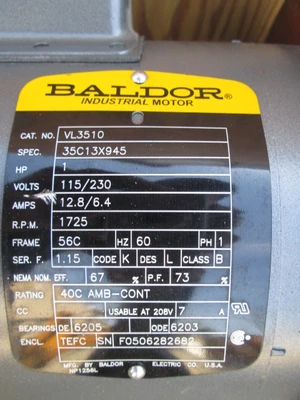 1 HP Baldor Electric Motor, 1725 rpm, TEFC, Single Phase