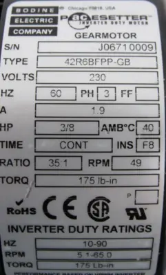 NEW BODINE ELECTRIC 42R6BFPP-GB GEARMOTOR 35:1 230V 3/8HP 3/4" BORE 42R6BFPPGB
