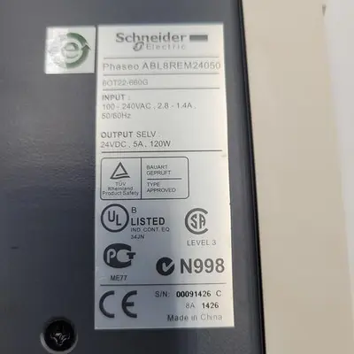 USED SCHNEIDER ELECTRIC SCHNEIDER ELECTRIC ABL8REM24050 POWER SUPPLY INPUT: 100 - 240VAC OUTPUT: 24VDC 5A 120W